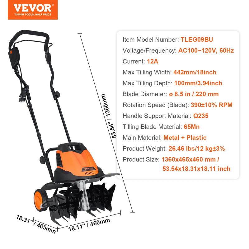 VEVOR 12 Amp Electric Tiller, 18" Tilling Width 3.94" Tilling Depth Corded Electric Tiller/Cultivator, Steel Mn Tines, Rototille