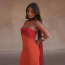 Fashion Women Color Blocking Scarf Collar Sling Dress Sexy Split Waist Cinching Bodycon Maxi Gowns 2026 Lady Club Party Vestidos