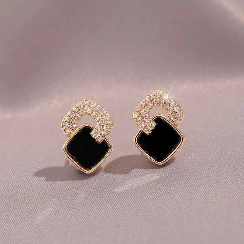 Korean Style Black Zircon Stud Earring For Women Shiny Rhinestone Square Geometric Earrings Girl Party Statement Jewelry Gifts