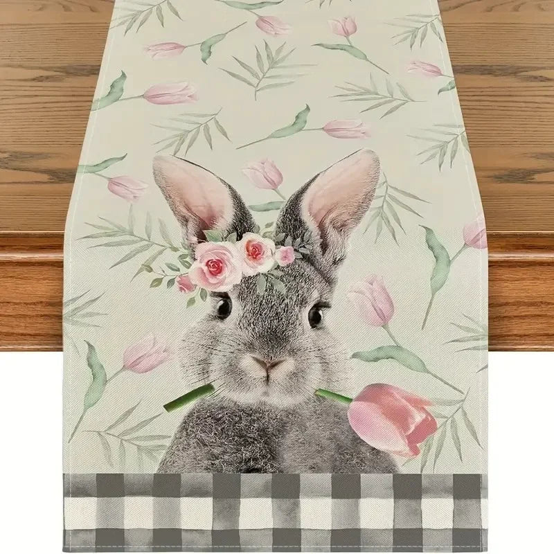 2024 Easter Rabbit Table Runner Linen Bunny Dining Table Cloth Placemat Spring Holiday Happy Easter Decoration For Home Kitchen