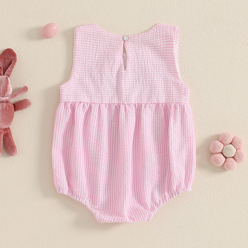 Toddler Girls Easter Outfits Bunny Embroidered Sleeveless Rompers Round Neck Infant Bodysuits Jumpsuits Spring Clothes
