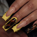 24Pcs Gold French Border False Nails Long Coffin False Nails with Rhinestones Ballerina Full Cover Nail Tips Press on Nails 2030