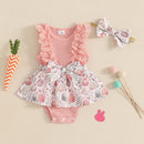 Toddler Girls Floral Print Romper Dress with Lace Ruffles and Matching Headband for Easter Celebration and Photoshoots