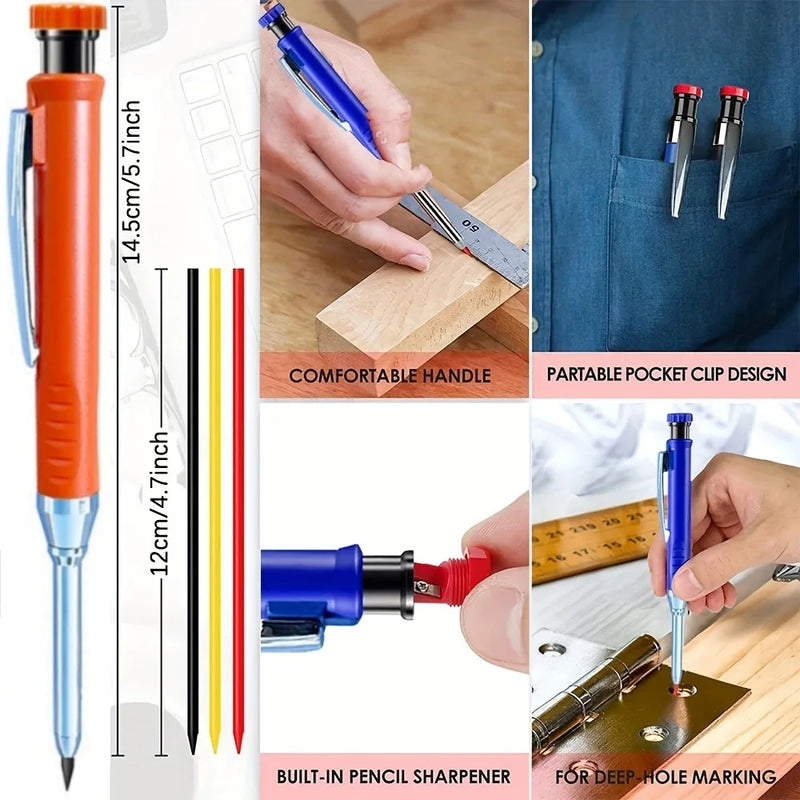 2.8mm Solid Carpenter Pencil with Pencil Cap, Deep Hole Mechanical Pencil with Built in Sharpener For Carpenter Woodworking