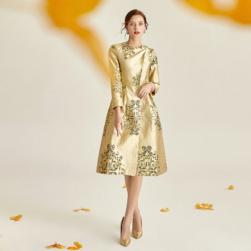 Luxury Trench Women Autumn Winter Jacquard Coat Covered Button Golden Dress Coat Jacket Overcoat New Year Evening Wear