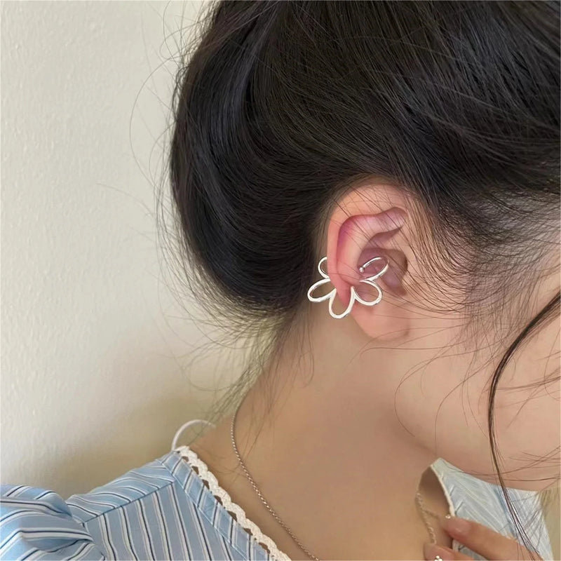 1PC Fashion Cool Metal No Pierced Flower Ear Clip Ear Cuff Geometric Creative Earrings Silver Color Jewelry Gifts For Girls