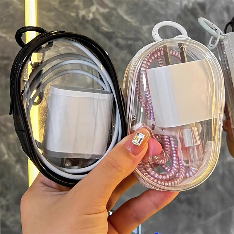 New Round Black PVC Transparent Cosmetic Bags Jewelry Organizer Portable Data Cable Earphone Coin Charger Storage Pouches