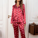 Women's Printed with Red Satin Heart-Shaped Printed Long Sleeved Button up Shirt Paired with Long Pants Casual Pajama Set