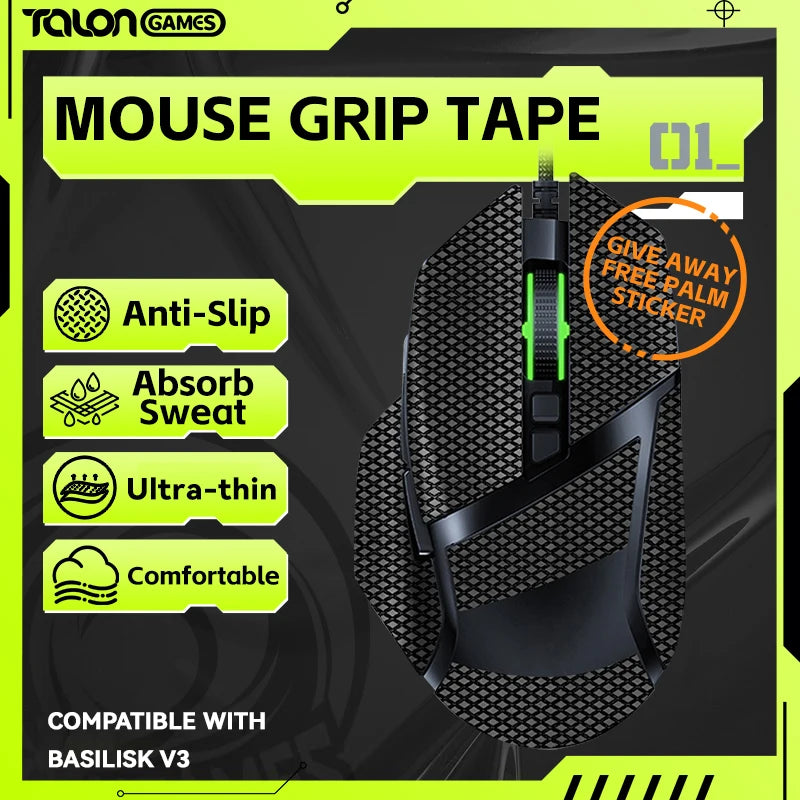 1 Pack TALONGAMES Mouse Grip Tape for Razer Basilisk V3 PRO,Palm Sweat Absorption Anti Slip Grip,Cut to Fit,Easy to Apply