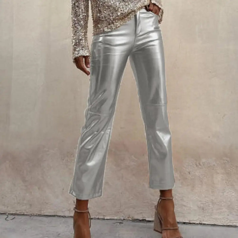 Women Metallic Straight-Leg PU Pants Faux Leather Mid Waist Zipper Breathable Club Party Lady Ninth Pants pantalones de mujer