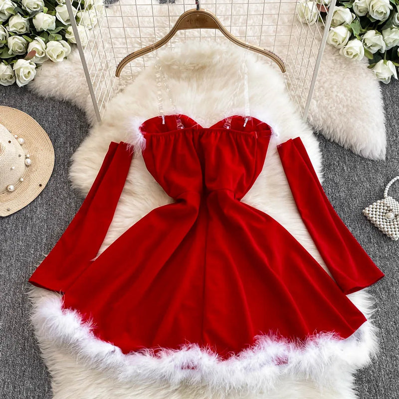 Women's Dress For New Year Vestido Sexy Off Shoulder Furry Strapless Christmas Dress 2024 Short Mini Club Party Dresses Ladies