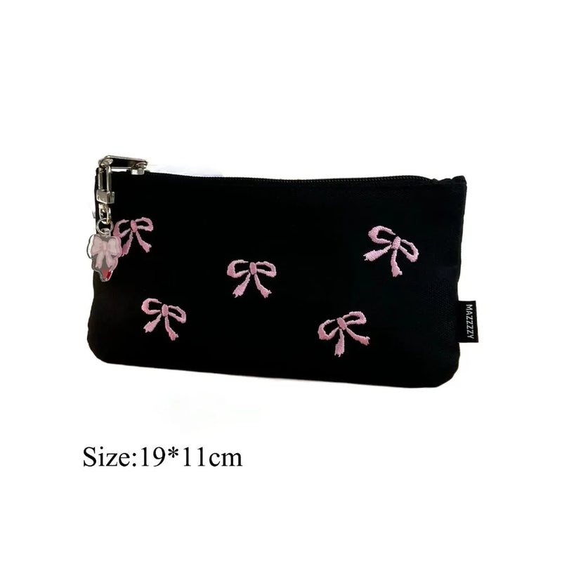 Cute Sweet Girl Heart Embroidered Bow Pencil Case Stationery Bag Square Shape Cosmetics Storage Bag Pencil Case Writing Supplies