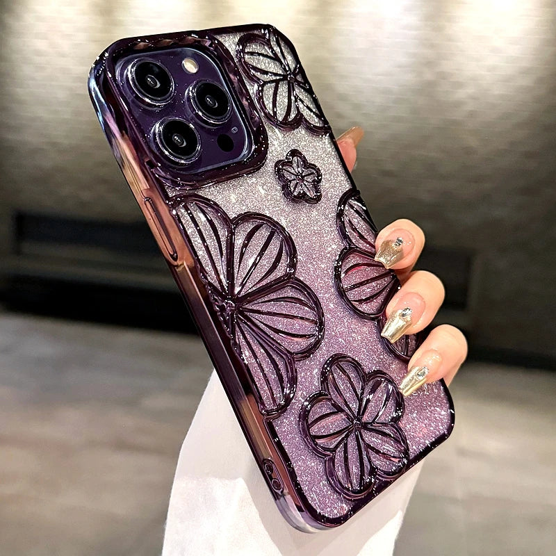 Luxury Glitter Flowers Phone Case For iPhone 11 12 13 14 15 Pro Max Soft Shockproof Bumper Silicone Cases Cover