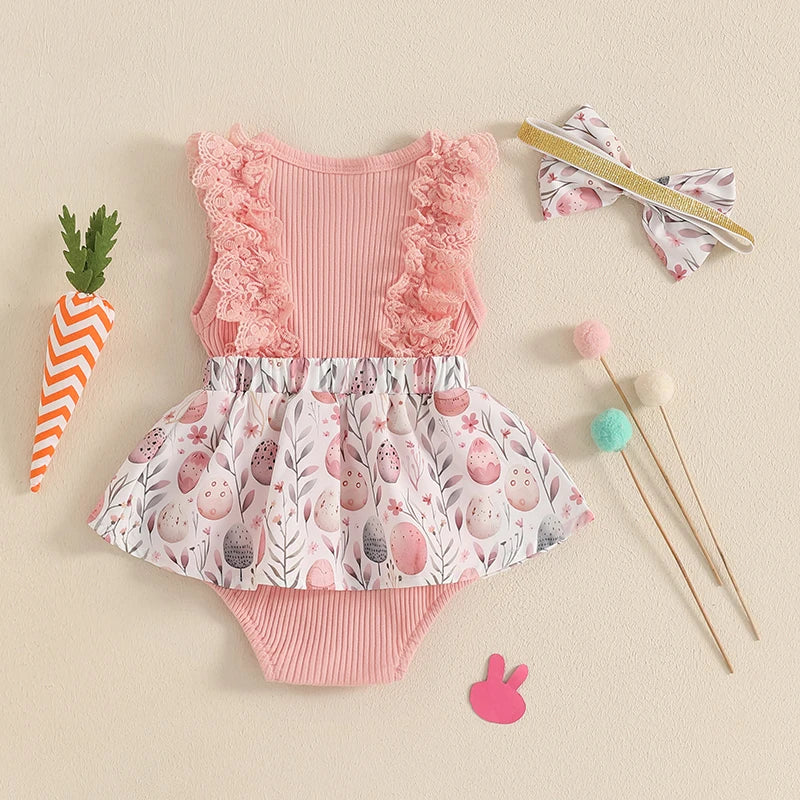 Toddler Girls Floral Print Romper Dress with Lace Ruffles and Matching Headband for Easter Celebration and Photoshoots
