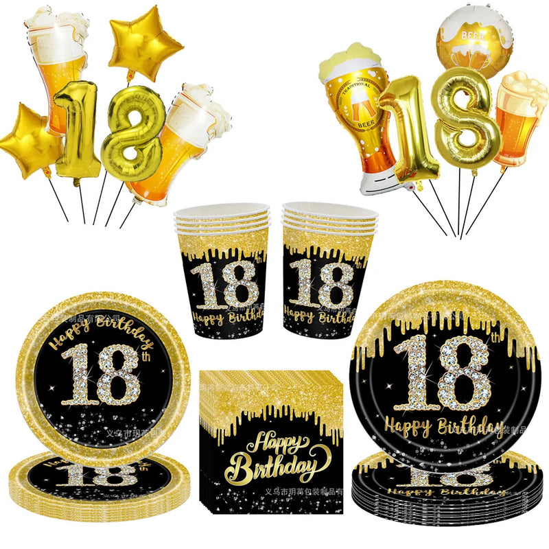18th Birthday Party Disposable Tableware Plate Cup Napkin Black Gold Party Decorations Birthday Balloon 18 Years Party Supplies