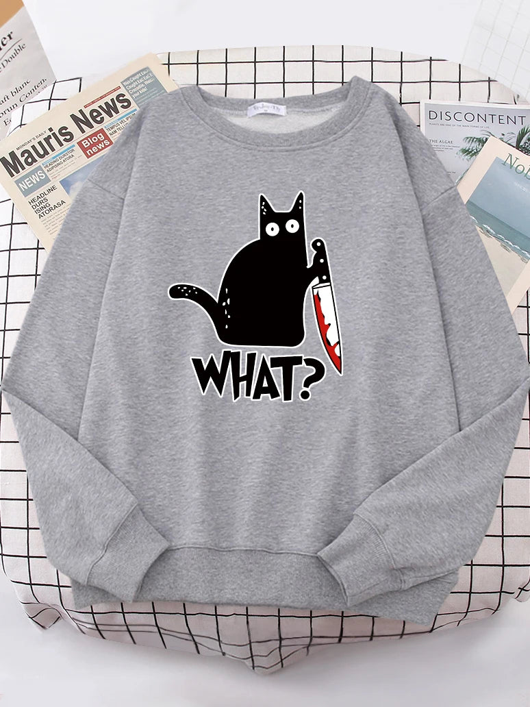 Kitchen Knife Black Cat Wha? Women Sweatshirt Harajuku Casual Hoody Fashion Loose Hoodie Soft Warm vintage Fleece Female Tops