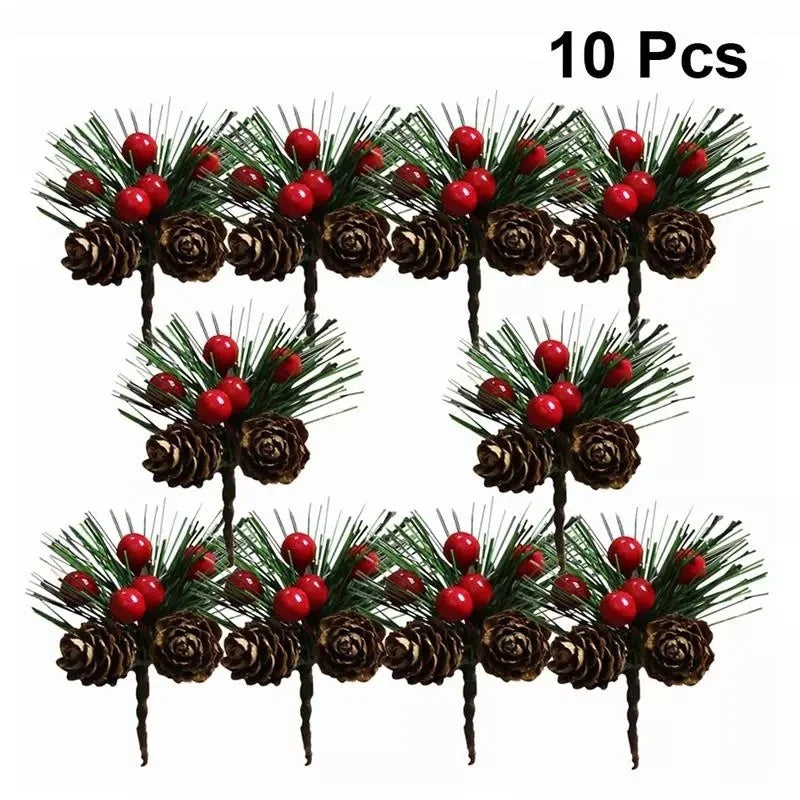 10PC/set Artificial Flower Red Christmas Berry and Pine Cone with Holly Branches Decoration for Home Floral Decor Flower Crafts