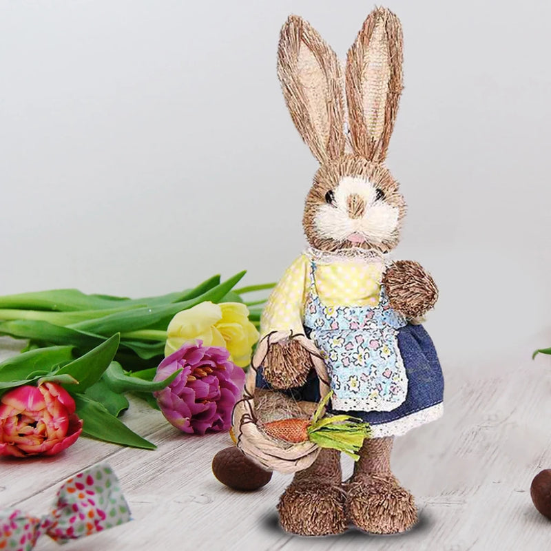 Cute Straw Rabbits Bunny Standing Decorations w/Carrots for Easter Party Home Garden Wedding Ornament Photo Props Crafts