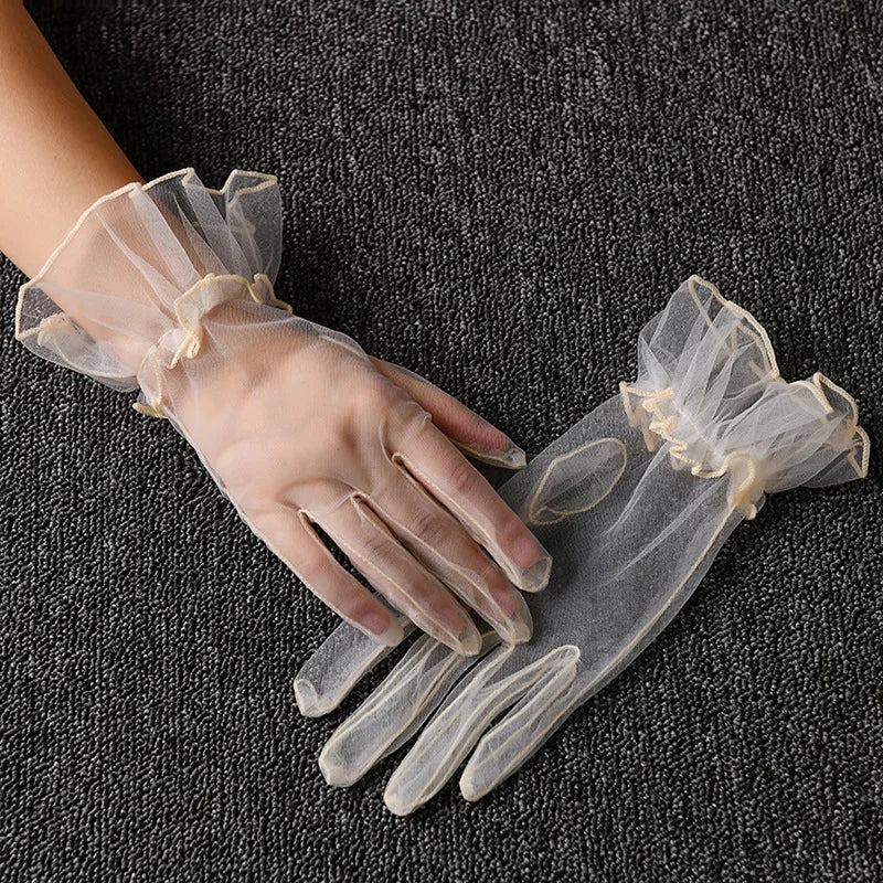 Retro Spring Summer Women Short Tulle Gloves White Black Wedding Gloves Stretchy Lace Full Finger Mittens Mesh Translucent Glove