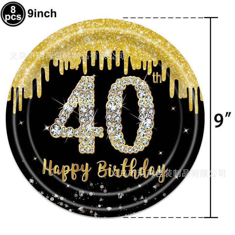 40th Birthday Party Disposable Tableware Plate Cup Napkin Black Gold Party Decorations Birthday Balloon 40 Years Party Supplies