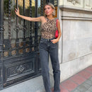 Women Leopard Tulle Bodysuit 2025 Summer Hollow Out Irregular Straps Snap-botton for Holiday Beach Style Streetwear