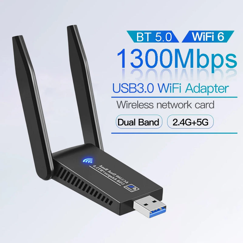 1300Mbps USB 3.0 Wireless Network Card Bluetooth 5.0 WIFI 6 Adapter 5dBi Dual Band 2.4G 5G USB 3.0 Lan Ethernet Adapter for PC