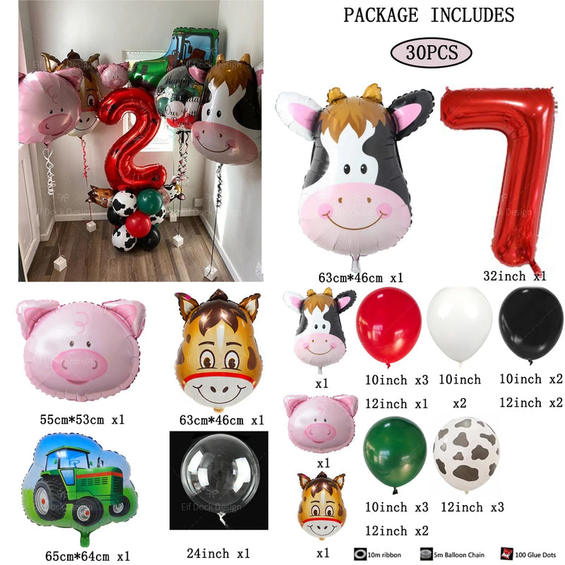 30pcs Farm Theme Green Tractor Cow Pig Inflatable Balloons 32inch Red 1-9 Number Balloon Happy Birthday Party Decor Baby Shower