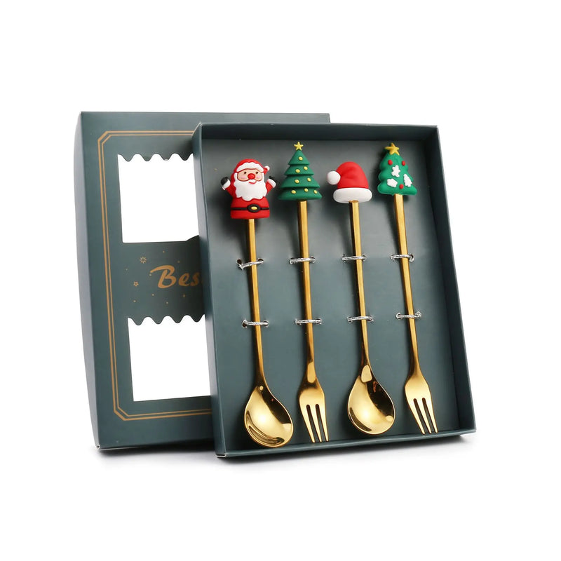 Christmas Dinnerware Stainless Steel With Luxury Gift Box Tableware Desser Fork Coffee Spoon Santa Cutlery For Christmas