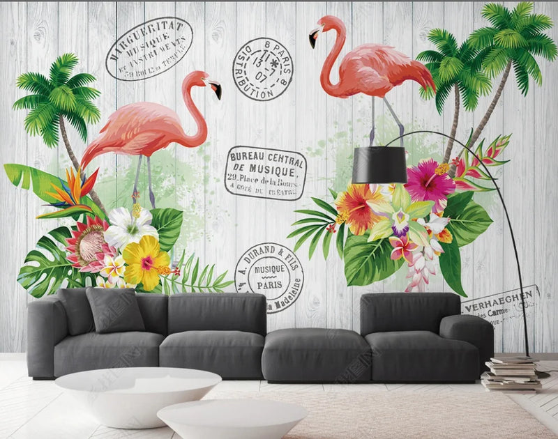 Nordic wood-grain flamingo leaf floral plant TV background wall photos bedroom living room Custom murals 3d wallpaper for walls