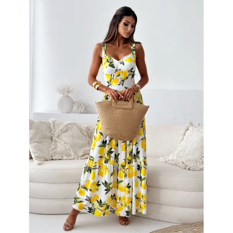 2024 Summer Maxi Dresses For Women Lemon Strap Fruit Print Strap Vacation Sress Robe Elegant Dresses For Women Robe Longue Femme