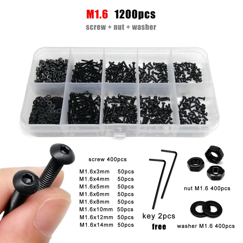 M1.6 M2 M2.5 M3 M4 M5 M6 M8 Black Grade 10.9 Steel Allen Hexagon Hex Socket Button Round Head Screw Bolt Nut Washer Kit Set Box