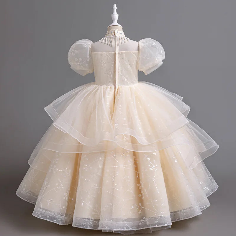 High-end Flower Girls Princess Sequins Wedding Christmas Party Dress Elegant Puff Sleeve Teenager Children Kids Gauze Vestidos