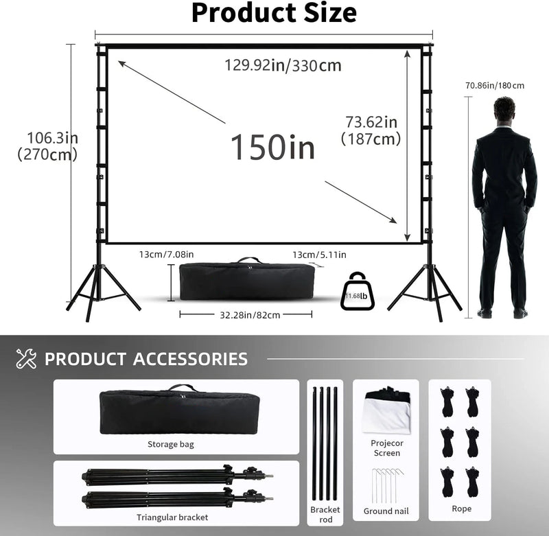 VEIDADZ Projector Screen With Stand White Wrinkle-Free 160° Viewing Angle 60-150 inch Double Sided Screen Home Theater Outdoor