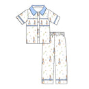 Easter boutique children's suit lapel lace short sleeve elastic rabbit flower print trousers girls boys trousers pajamas set