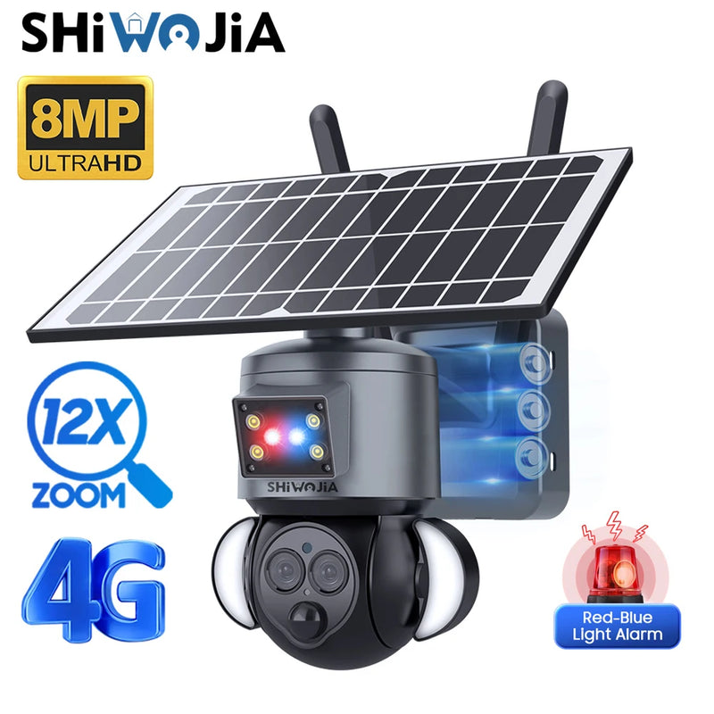 SHIWOJIA Solar Camera 4G sim Card 4K 8MP Dual Lens 12X Optical Zoom Outdoor WIFI Solar Panel Humanoid Tracking CCTV Camera Alarm