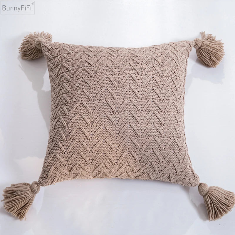 Cuhion Soft Knit Cover 45x45cm Solid Pillow Cove Pink Grey Cream Tassels Home decoration Pillow Case Square For sofa Bed