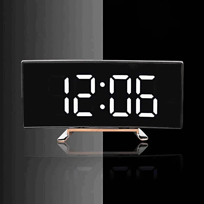 LED Digital Alarm Clock Curved Screen Mirror Silent Electronic Clock Bedroom Desktop Large Screen Home Decor Supplies