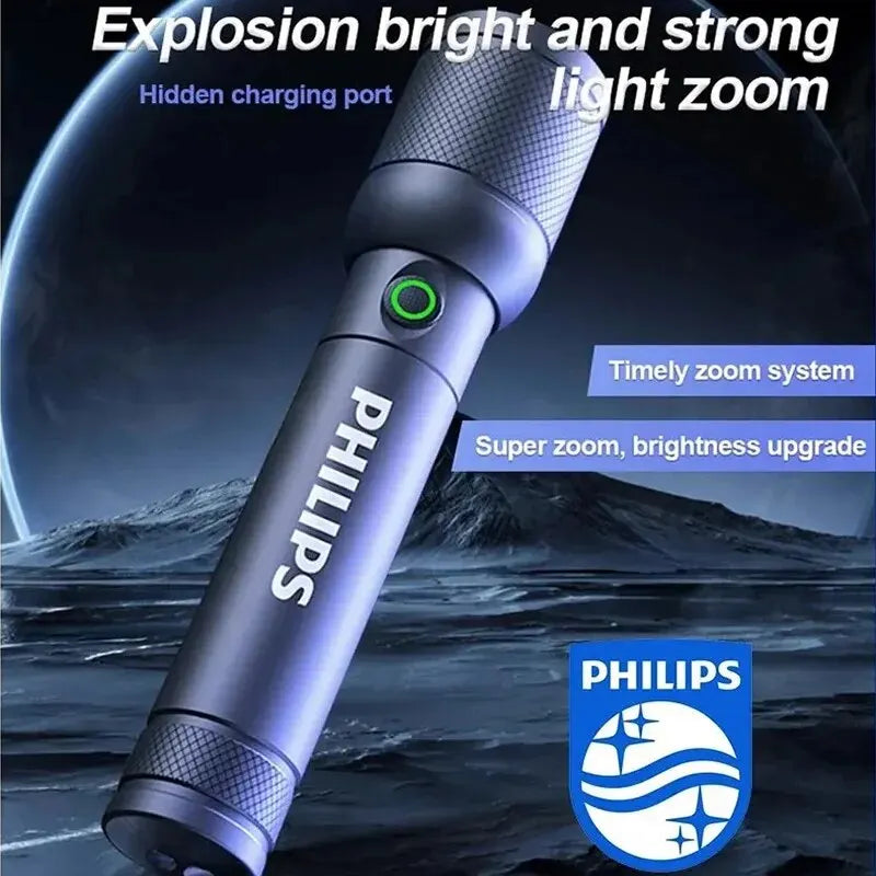 Philips 6168 Optical Zoom Flashlight Type-C Portable Flashlight With 4 Lighting Modes For Self Defense Camping Torch Light