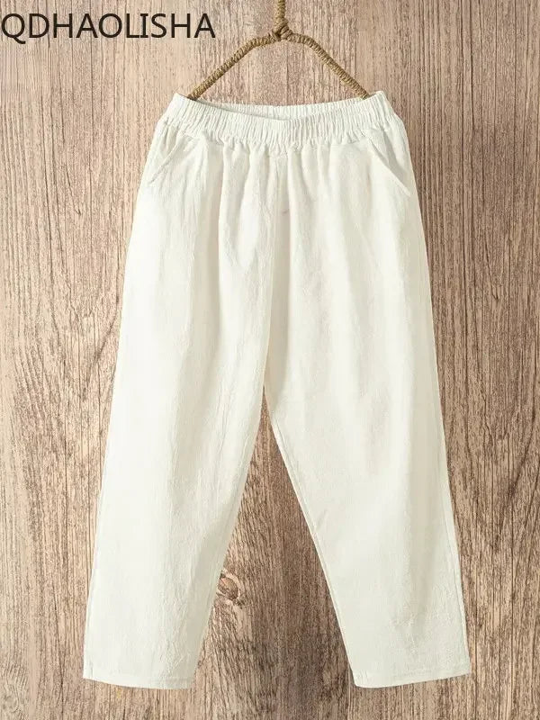 Women Cotton Cropped Pants Casual Summer Loose Elastic Waist Elegant Korean Fashion Baggy Solide Vintage Trousers Streetwear