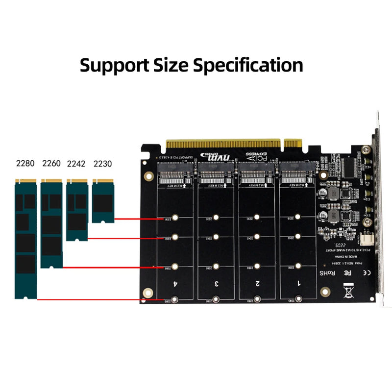 4 Port M.2 NVME SSD To PCIE X16 Hard Drive Converter Support 2230/2242/2260/2280 Support M.2 PCI-E SSD/M.2 Device NVME Protocol