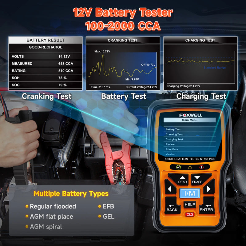 FOXWELL NT301 Plus 2 in 1 OBD2 Scanner Battery Tester OBDII Diagnostic Tool Check Engine Car Code Reader 12V 100-1100CCA Crank
