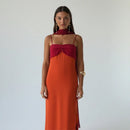 Fashion Women Color Blocking Scarf Collar Sling Dress Sexy Split Waist Cinching Bodycon Maxi Gowns 2026 Lady Club Party Vestidos