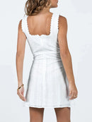 Sleeveless V-Neck Lace Trim A-Line Mini Dress Women s Summer Solid Color Tank Dress Short Square Neck Dress