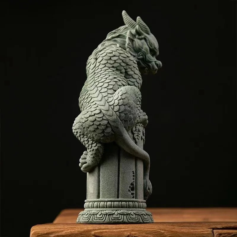 China Mascot Pan Dragon Pillar Decorative Statue Green sand stone sculpture Home Living Room, Room Office Feng Shui Statue