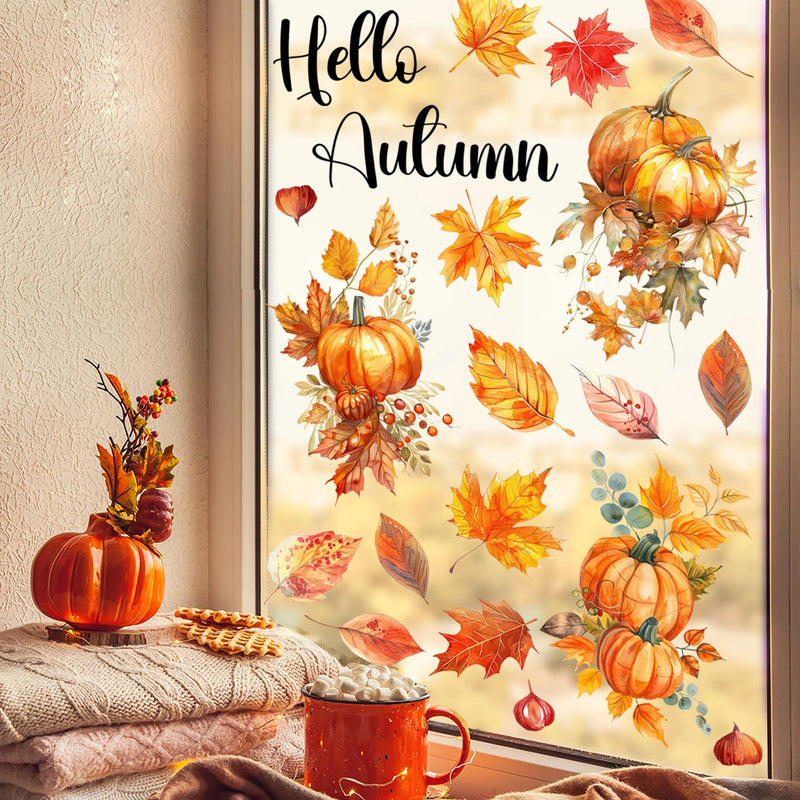 1 sheet Autumn Harvest Window Clings, Thanksgiving Window Decals, Leaves & Pumpkins Window Stickers for Home