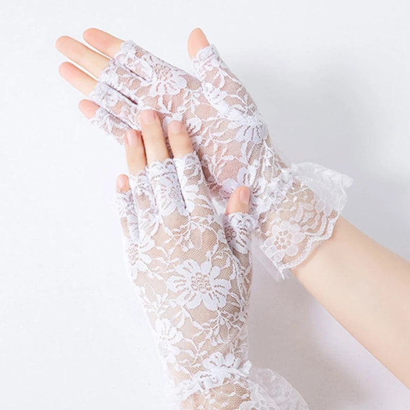 Sexy Elastic Lace Gloves with Floral Decor Summer Cycling Driving Hollow Out Fishnet Delicate Women Half Finger Gloves