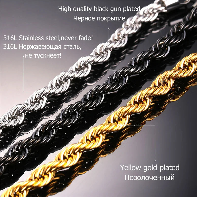U7 Thick Stainless Steel Twisted Rope Chain Necklace For Men Gold Color Hippie Rock Chain Choker 18 -30" Classic Hip Hop Jewelry
