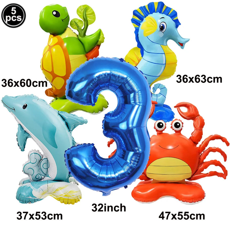 5pcs Cute Sea Animal Balloons Include Crab Seahorse Dolphin Turtle Shape Balloon Under The Sea Party Decors for 1st Birthday