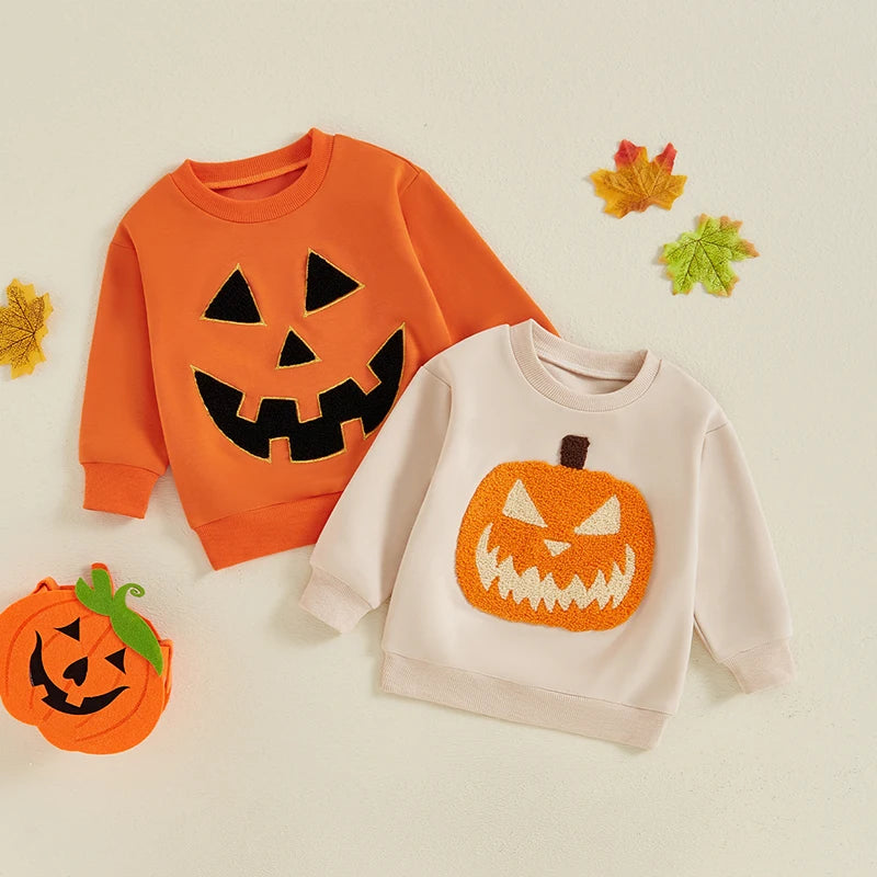 2024-05-15 Lioraitiin Little Boy Girl Halloween Sweatshirt Pumpkin Embroidery Crew Neck Long Sleeve Pullover Tops for Fall