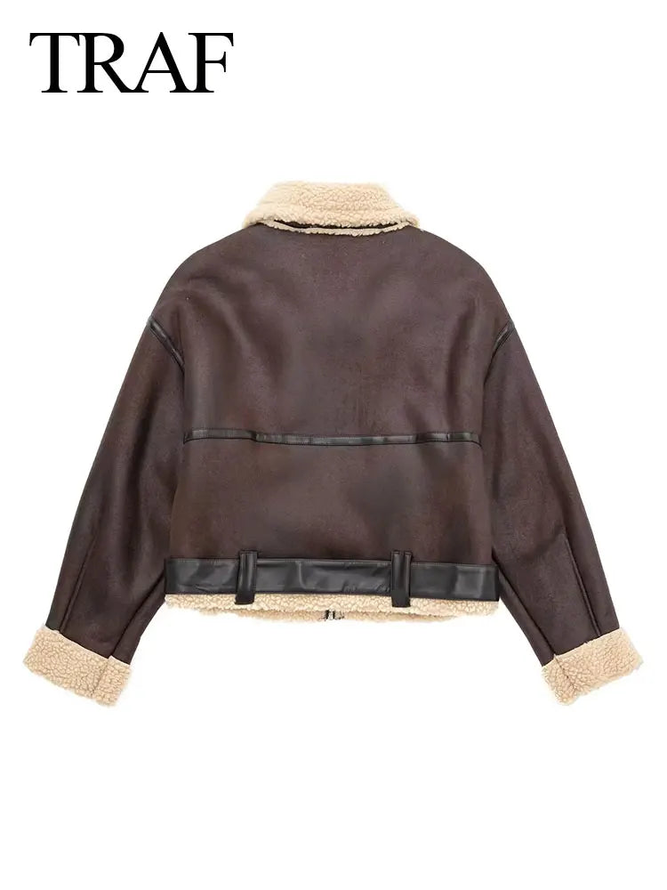 TRAFZA Winter Women's Belted Short Jacket Windbreaker Coat Fashion Retro Warm Thickened Long Sleeve Zipper Mujer Roupa Street